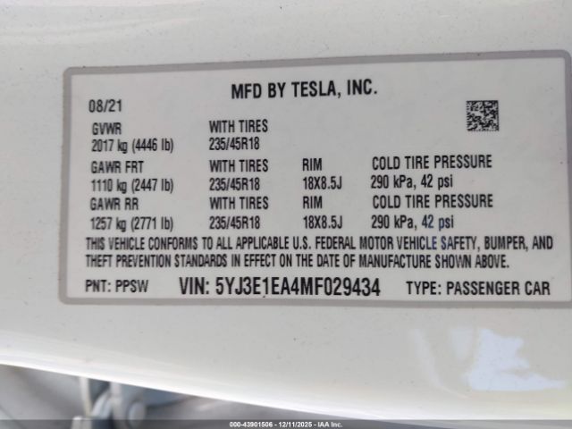 2021 TESLA MODEL 3 5YJ3E1EA4MF029434 Photo 8