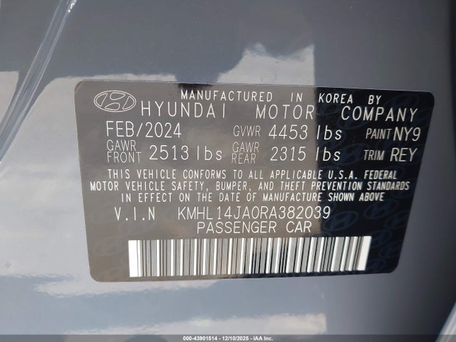 2024 Hyundai Sonata Sel მანქანა იყიდება აუქციონზე, vin: KMHL14JA0RA382039, აუქციონის ნომერი: 43901514