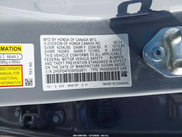 Aukcja sprzedaży 2025 Honda Civic Hybrid Sport/sport Touring, vin: 2HGFE4F83SH302611, numer aukcji: 43901583