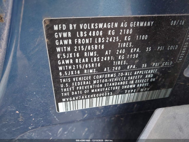 2017 VOLKSWAGEN TIGUAN WVGAV7AXXHK004093 Photo 8