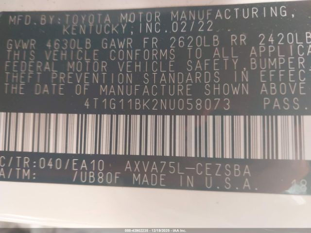 2022 TOYOTA CAMRY 4T1G11BK2NU058073 Photo 8