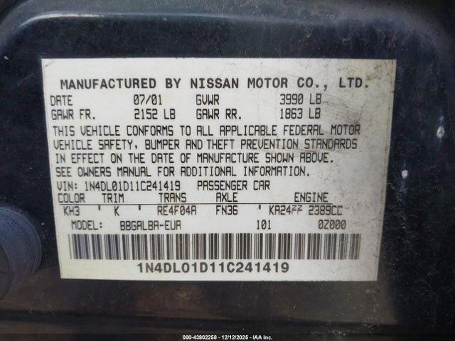2001 NISSAN ALTIMA 1N4DL01D11C241419 Photo 8