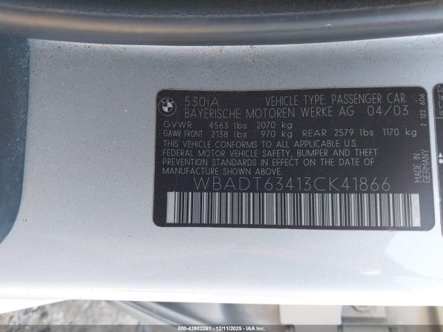 Продаж на аукціоні авто 2003 Bmw 530ia, vin: WBADT63413CK41866, номер лоту: 43902261