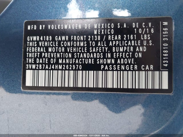 Aukcja sprzedaży 2017 Volkswagen Jetta 1.4t S, vin: 3VW2B7AJ4HM262970, numer aukcji: 43902324