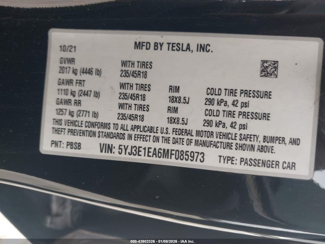 Aukcja sprzedaży 2021 Tesla Model 3 Standard Range Plus Rear-wheel Drive, vin: 5YJ3E1EA6MF085973, numer aukcji: 43902326