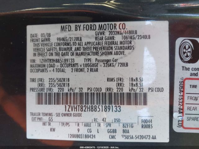 2008 FORD MUSTANG 1ZVHT82H885189133 Photo 8