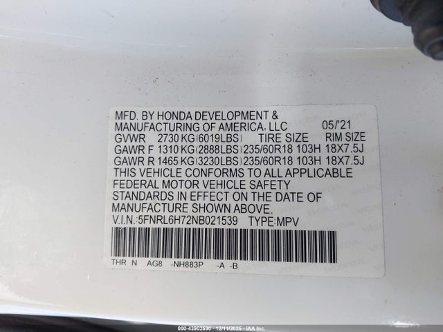 5FNRL6H72NB021539 Honda Odyssey Ex-l