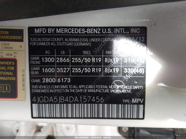 Продаж на аукціоні авто 2013 Mercedes-benz Ml 350, vin: 4JGDA5JB4DA157456, номер лоту: 43902850