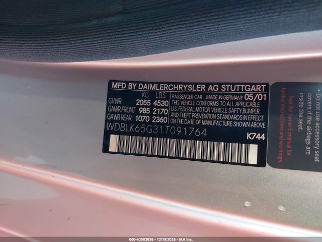 2001 Mercedes-benz Clk 320 მანქანა იყიდება აუქციონზე, vin: WDBLK65G31T091764, აუქციონის ნომერი: 43903036