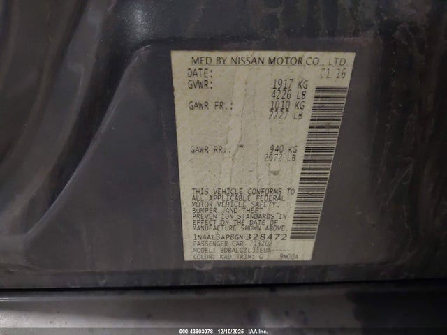 Продаж на аукціоні авто 2016 Nissan Altima 2.5/2.5 S/2.5 Sl/2.5 Sr/2.5 Sv, vin: 1N4AL3AP8GN328472, номер лоту: 43903078