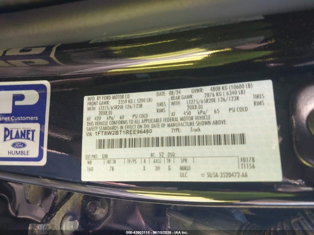 43903115 :رقم المزاد ، 1FT8W2BT1REE96480 vin ، 2024 Ford F-250 Platinum مزاد بيع