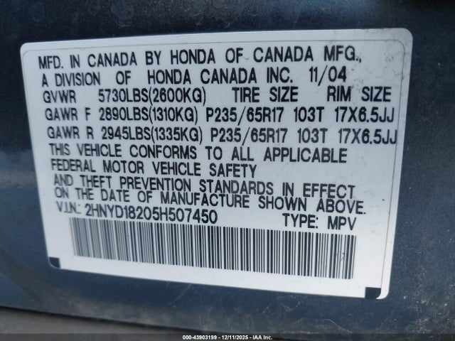 Auction sale of the 2005 Acura Mdx, vin: 2HNYD18205H507450, lot number: 43903199
