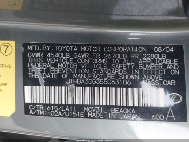 2005 LEXUS ES 330 JTHBA30G355063106 Photo 8