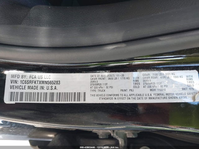 2021 Ram 1500 Limited Longhorn  4x4 5'7 Box მანქანა იყიდება აუქციონზე, vin: 1C6SRFKTXMN565283, აუქციონის ნომერი: 43903446