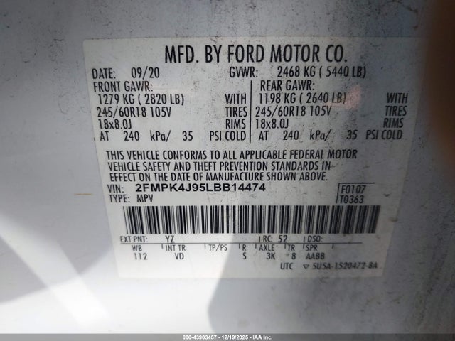 Ford EDGE SEL 2020 2FMPK4J95LBB14474 Image 9