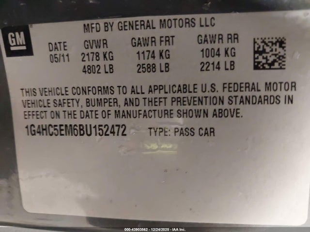 2011 Buick Lucerne Cxl მანქანა იყიდება აუქციონზე, vin: 1G4HC5EM6BU152472, აუქციონის ნომერი: 43903562