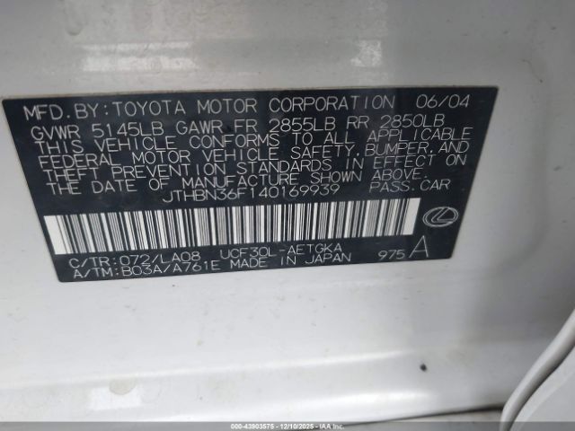 2004 LEXUS LS 430 JTHBN36F140169939 Photo 8