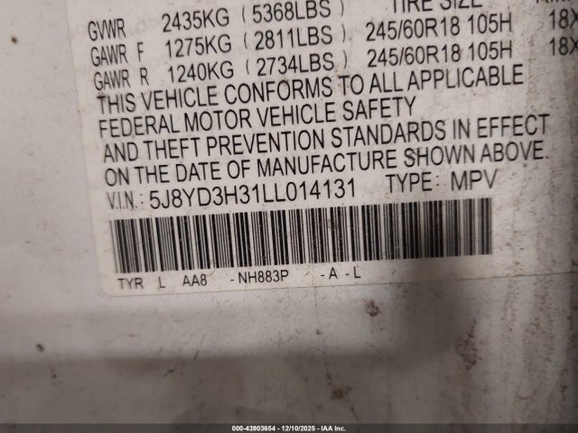 Aukcja sprzedaży 2020 Acura Mdx Standard, vin: 5J8YD3H31LL014131, numer aukcji: 43903654