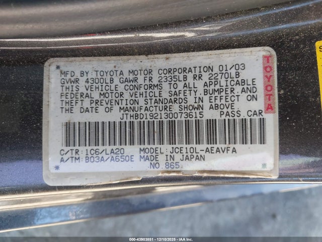 43903851 :رقم المزاد ، JTHBD192130073615 vin ، 2003 Lexus Is 300 مزاد بيع