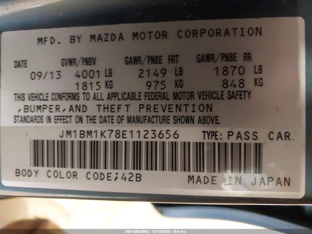Aukcja sprzedaży 2014 Mazda Mazda3 I Sport, vin: JM1BM1K78E1123656, numer aukcji: 43903862