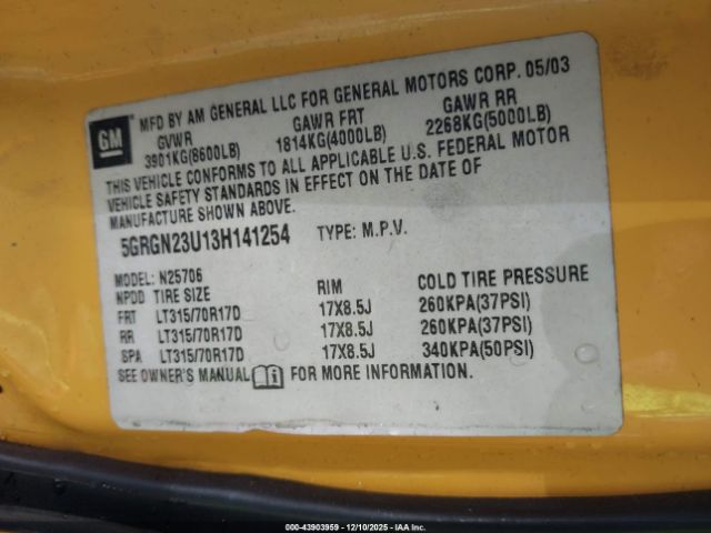 2003 HUMMER H2 5GRGN23U13H141254 Photo 8