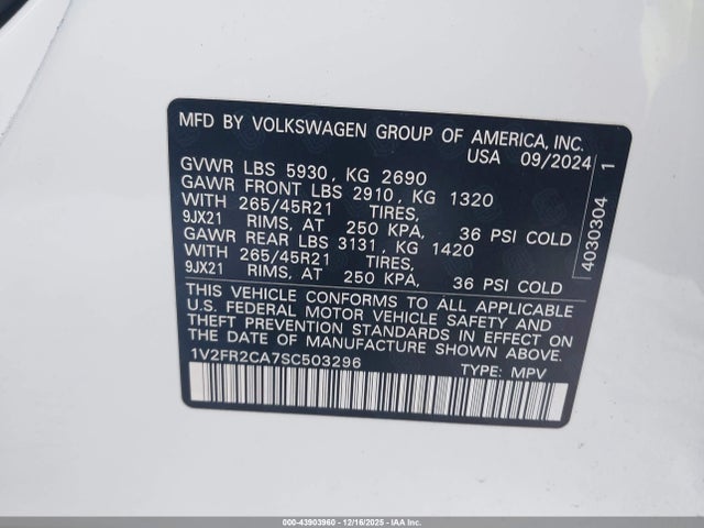 1V2FR2CA7SC503296 Volkswagen Atlas 2.0t Sel Premium R-line