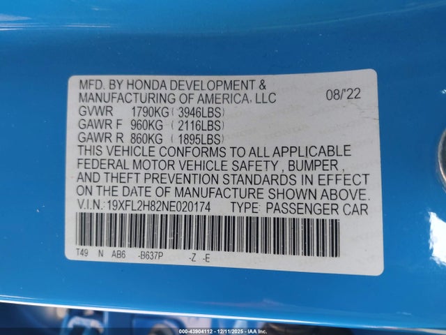 19XFL2H82NE020174 Honda Civic Sport