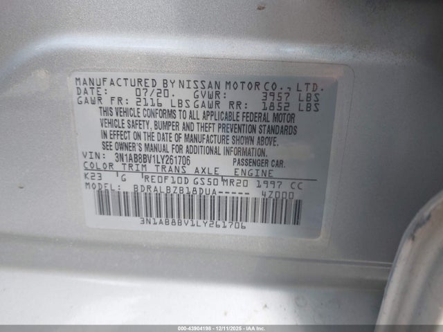 Aukcja sprzedaży 2020 Nissan Sentra S Xtronic Cvt, vin: 3N1AB8BV1LY261706, numer aukcji: 43904198