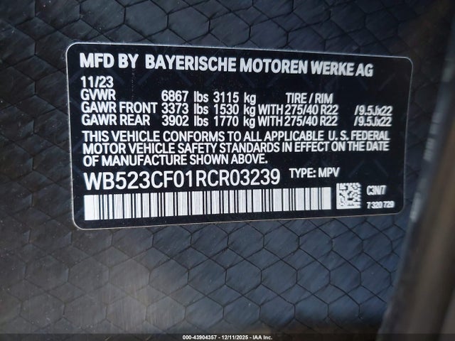 Aukcja sprzedaży 2024 Bmw Ix Xdrive50, vin: WB523CF01RCR03239, numer aukcji: 43904357