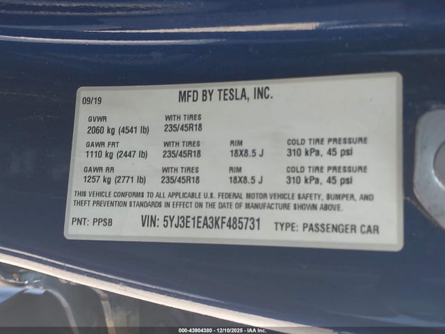 2019 TESLA MODEL 3 5YJ3E1EA3KF485731 Photo 8