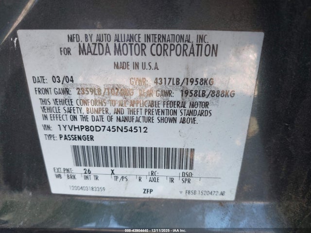 43904440 :رقم المزاد ، 1YVHP80D745N54512 vin ، 2004 Mazda Mazda6 S مزاد بيع