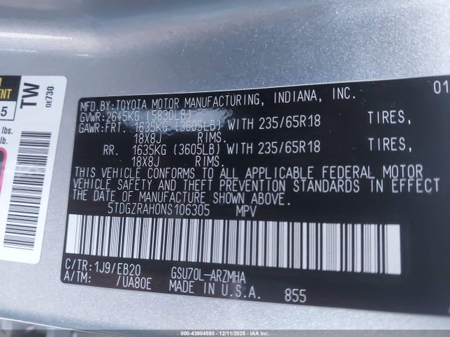 5TDGZRAH0NS106305 Toyota Highlander Xle