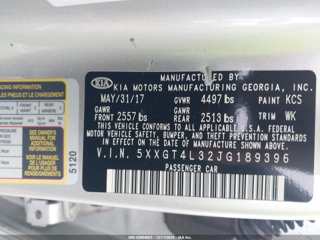 5XXGT4L32JG189396 KIA Optima Lx