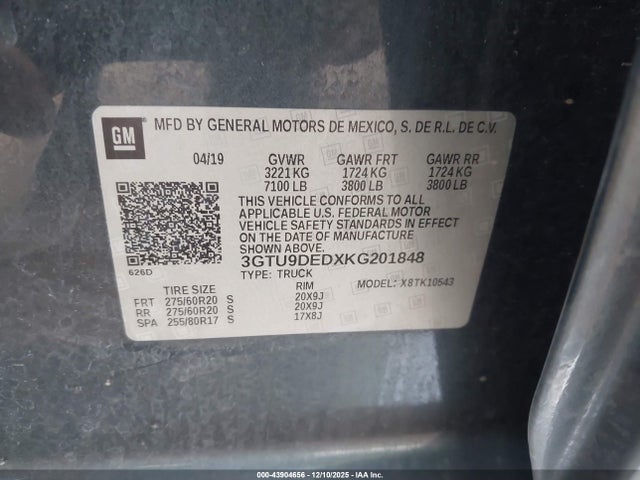 3GTU9DEDXKG201848 GMC Sierra 1500 Slt