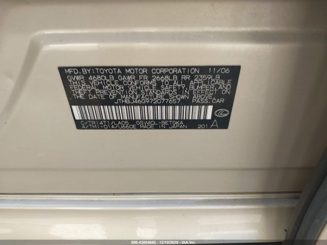 Продаж на аукціоні авто 2007 Lexus Es 350, vin: JTHBJ46G972077657, номер лоту: 43904680