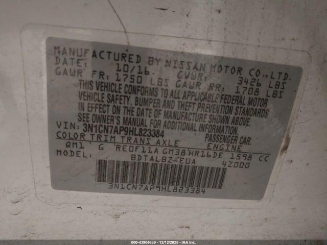 3N1CN7AP9HL823384 Nissan Versa 1.6 Sv