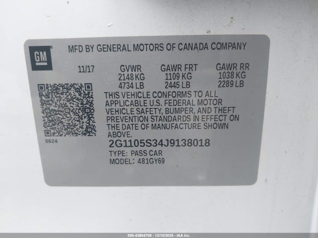 Продаж на аукціоні авто 2018 Chevrolet Impala 1lt, vin: 2G1105S34J9138018, номер лоту: 43904709