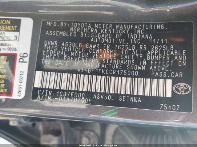 2012 TOYOTA CAMRY 4T4BF1FK0CR175000 Photo 8