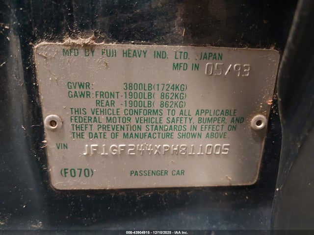 Продаж на аукціоні авто 1993 Subaru Impreza L Plus, vin: JF1GF244XPH811005, номер лоту: 43904915