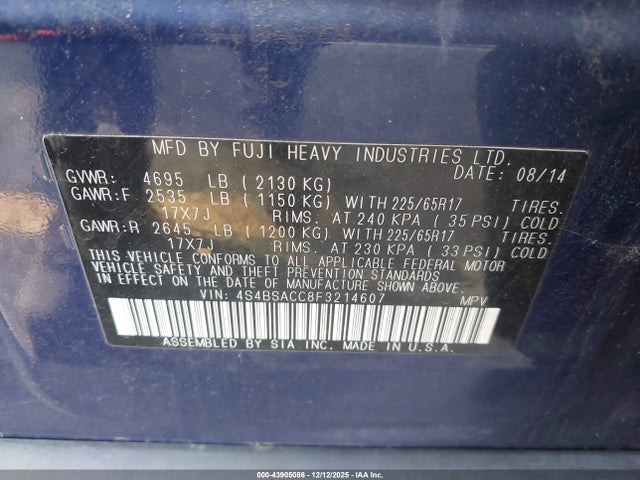 Subaru Outback 2.5i Premium 2015 4S4BSACC8F3214607 Image 9