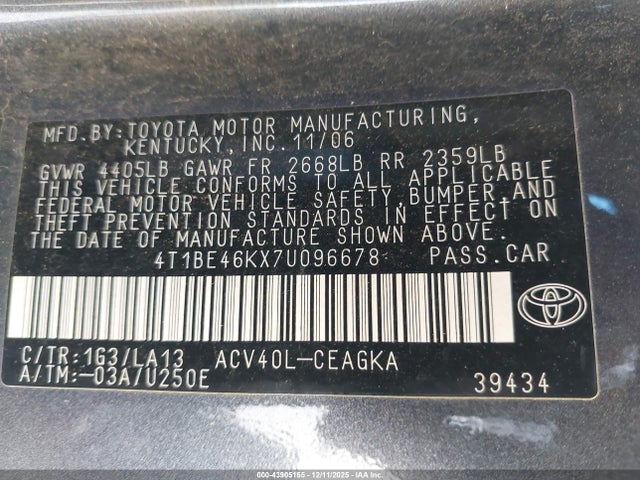 Продажа на аукционе авто 2007 Toyota Camry Xle, vin: 4T1BE46KX7U096678, номер лота: 43905155