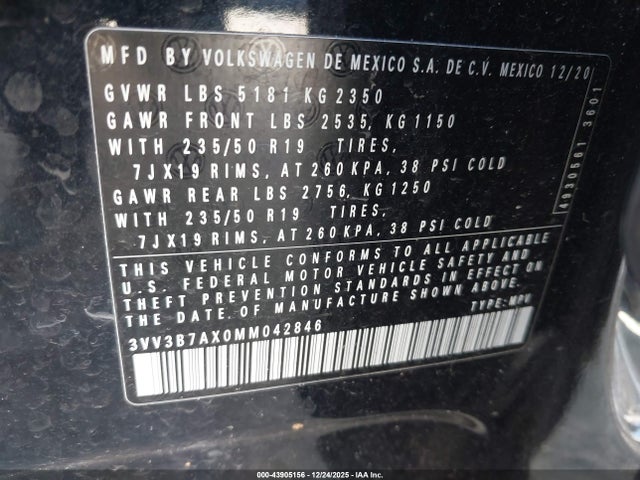 Aukcja sprzedaży 2021 Volkswagen Tiguan 2.0t Se/2.0t Se R-line Black/2.0t Sel, vin: 3VV3B7AX0MM042846, numer aukcji: 43905156