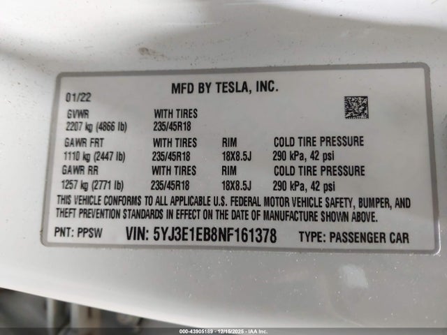 2022 TESLA MODEL 3 5YJ3E1EB8NF161378 Photo 8