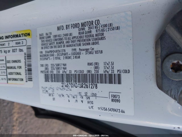 3FA6P0HD4JR261278 Ford FUSION SE