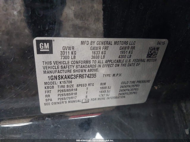 Продажа на аукционе авто 2015 Chevrolet Tahoe Ls, vin: 1GNSKAKC3FR674235, номер лота: 43905309