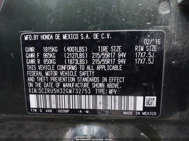 3CZRU5H32GM732753 Honda HR-V LX