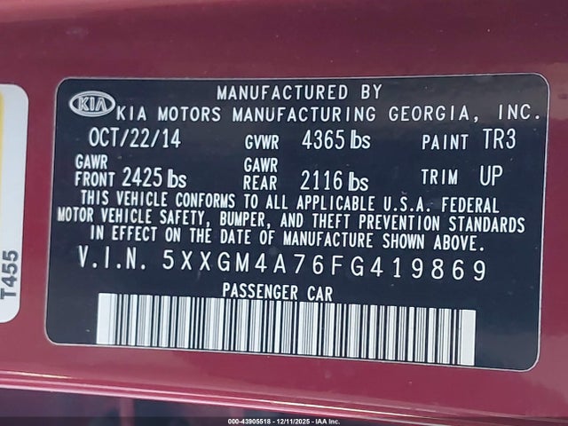 2015 Kia Optima Lx მანქანა იყიდება აუქციონზე, vin: 5XXGM4A76FG419869, აუქციონის ნომერი: 43905518