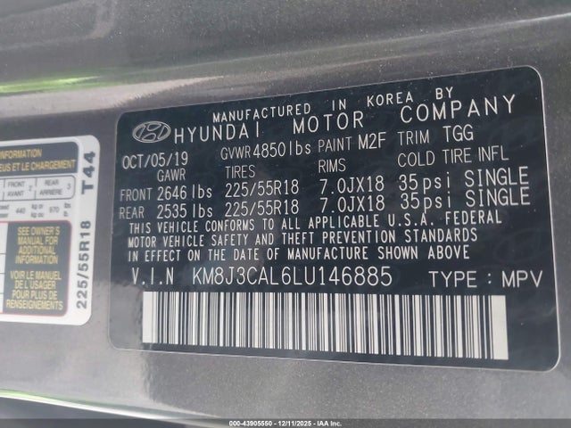 Hyundai TUCSON SEL 2020 KM8J3CAL6LU146885 Image 9
