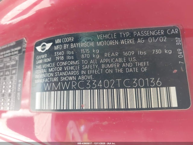 2002 MINI COOPER WMWRC33402TC30136 Photo 8