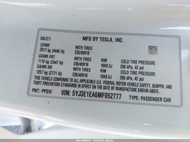 2021 TESLA MODEL 3 5YJ3E1EA6MF052777 Photo 8